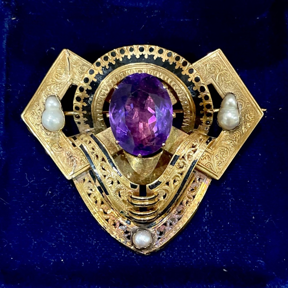 Antique Victorian 14k Yellow Gold Natural Amethyst Pearl Black Enamel Brooch